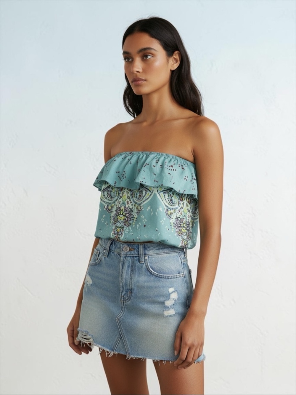 NWT Intimately Free People Strapless Flounce Flutter Top X-Small Blue Medallion